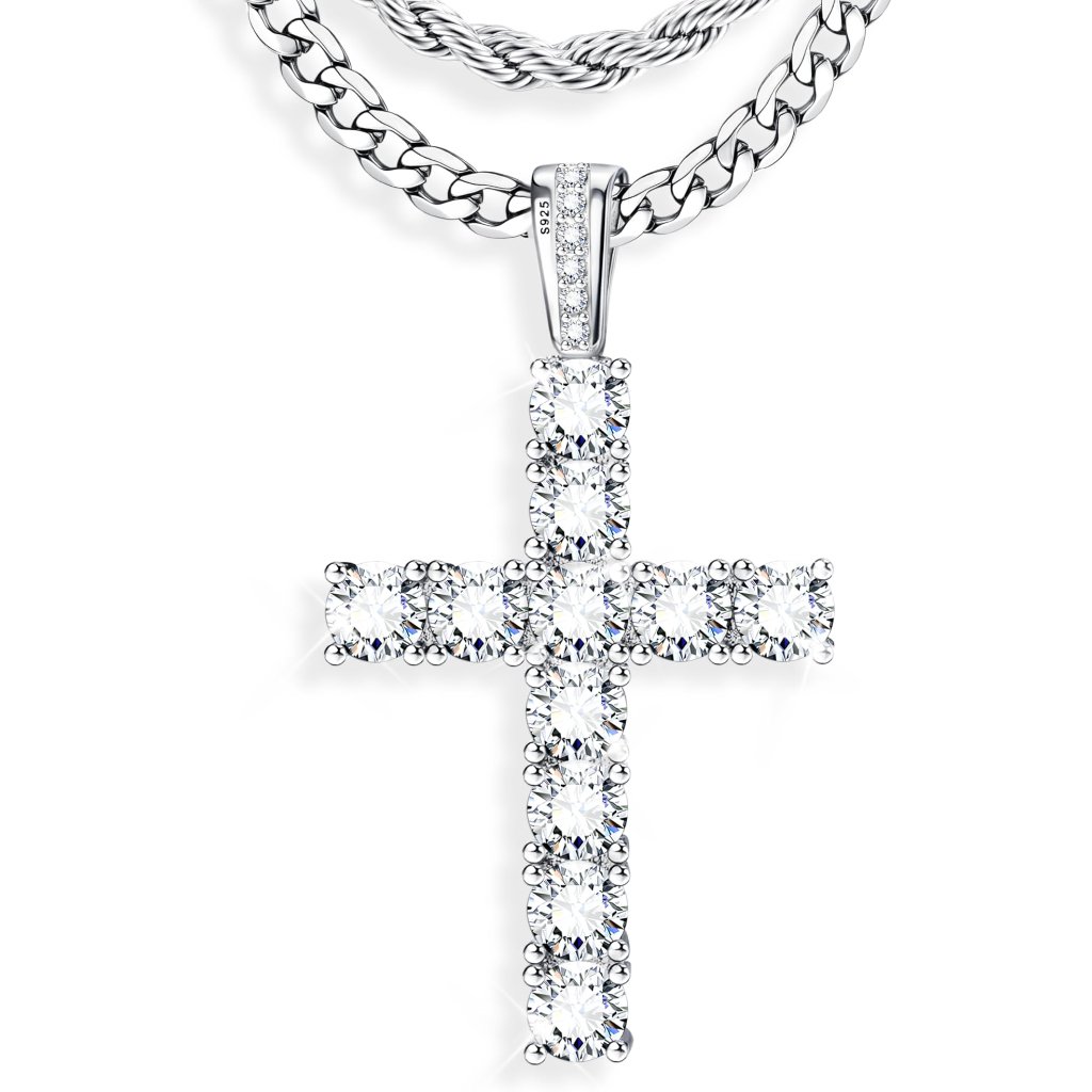 Sterling Silver Cross Necklace Men Layered Chain Minimal Elegant Jewelry